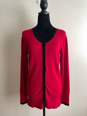 CHIC by Jacob Red Black Trim Button Front Cardigan Sweater Size M Viscose